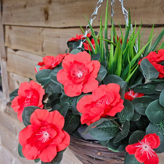 Best Artificial 28cm Azalea Flower Display in 10" Wicker Rattan Basket - Suitable for Outdoor, Indoor and Garden (Red)
