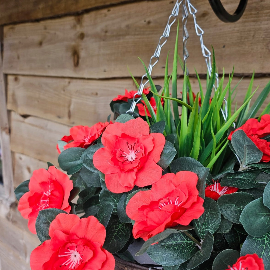 Best Artificial 28cm Azalea Flower Display in 10" Wicker Rattan Basket - Suitable for Outdoor, Indoor and Garden (Red)