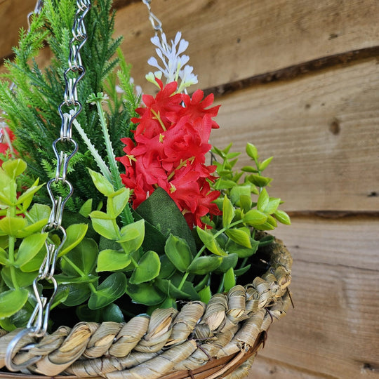 Pair Of Best Artificial Red Hyacinth Displays in 10 Inch Woven Round Hanging Baskets - Suitable for Outdoor Use