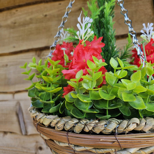 Pair Of Best Artificial Red Hyacinth Displays in 10 Inch Woven Round Hanging Baskets - Suitable for Outdoor Use