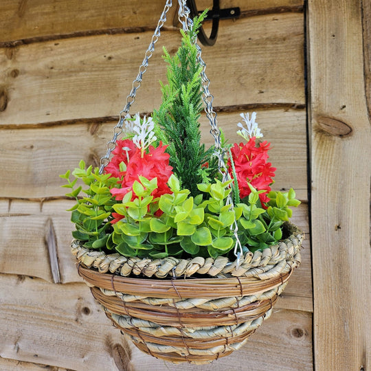 Pair Of Best Artificial Red Hyacinth Displays in 10 Inch Woven Round Hanging Baskets - Suitable for Outdoor Use