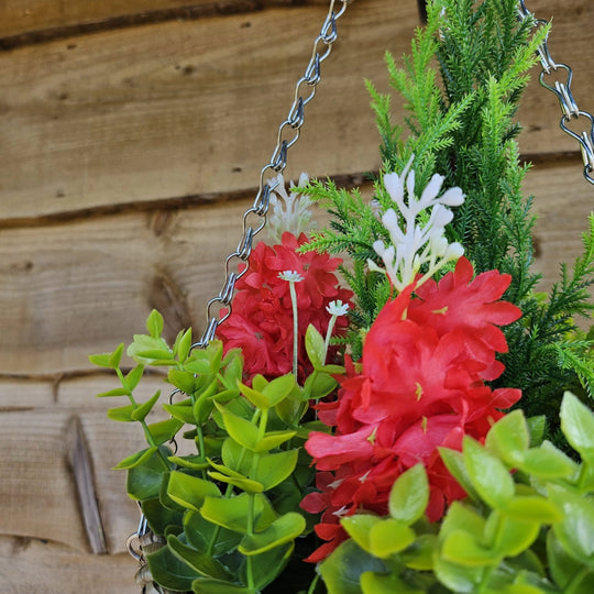 Pair Of Best Artificial Red Hyacinth Displays in 10 Inch Woven Round Hanging Baskets - Suitable for Outdoor Use