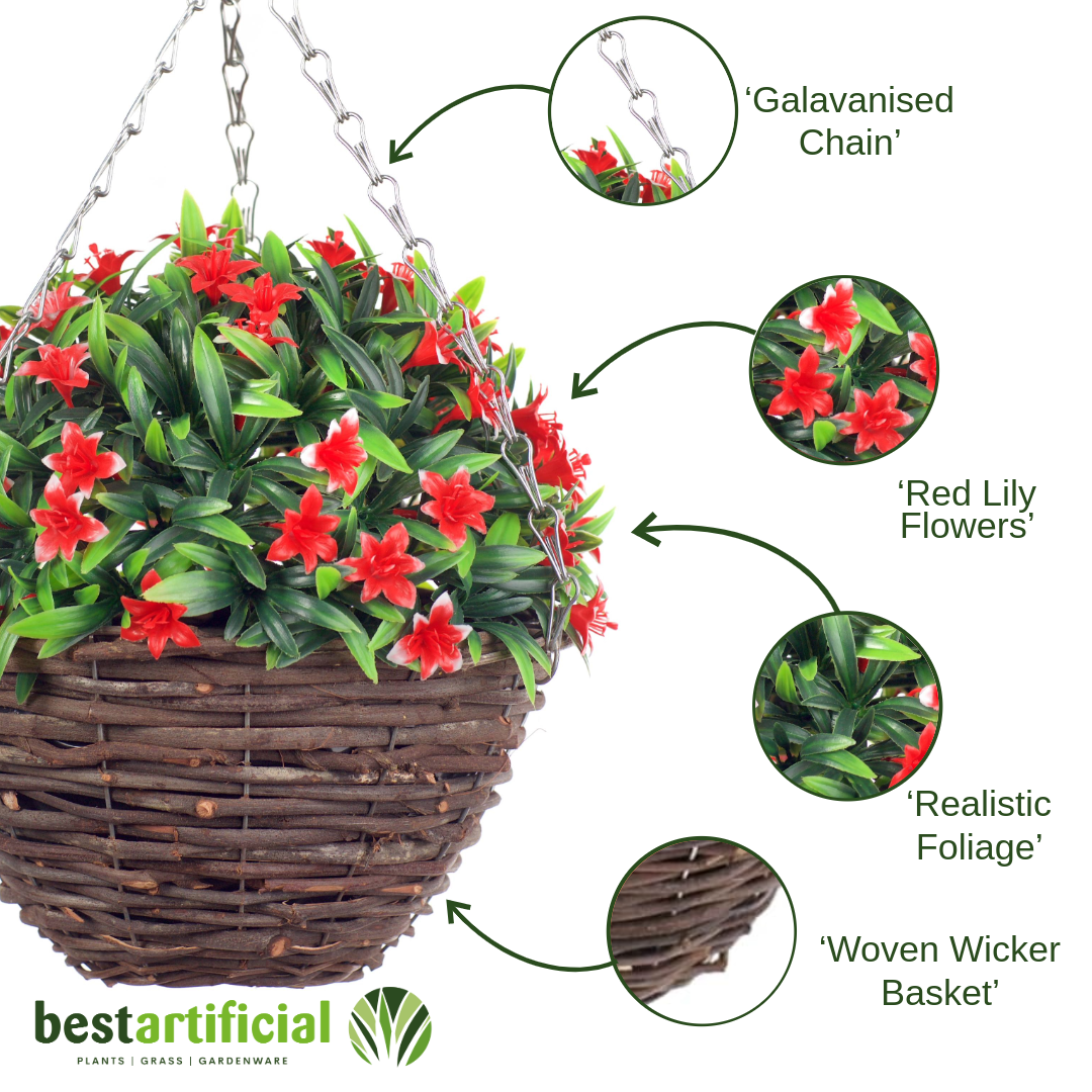 Best Artificial 23cm Lily Hanging Basket - Suitable for Outdoor Use - Weather Resistant (Red)