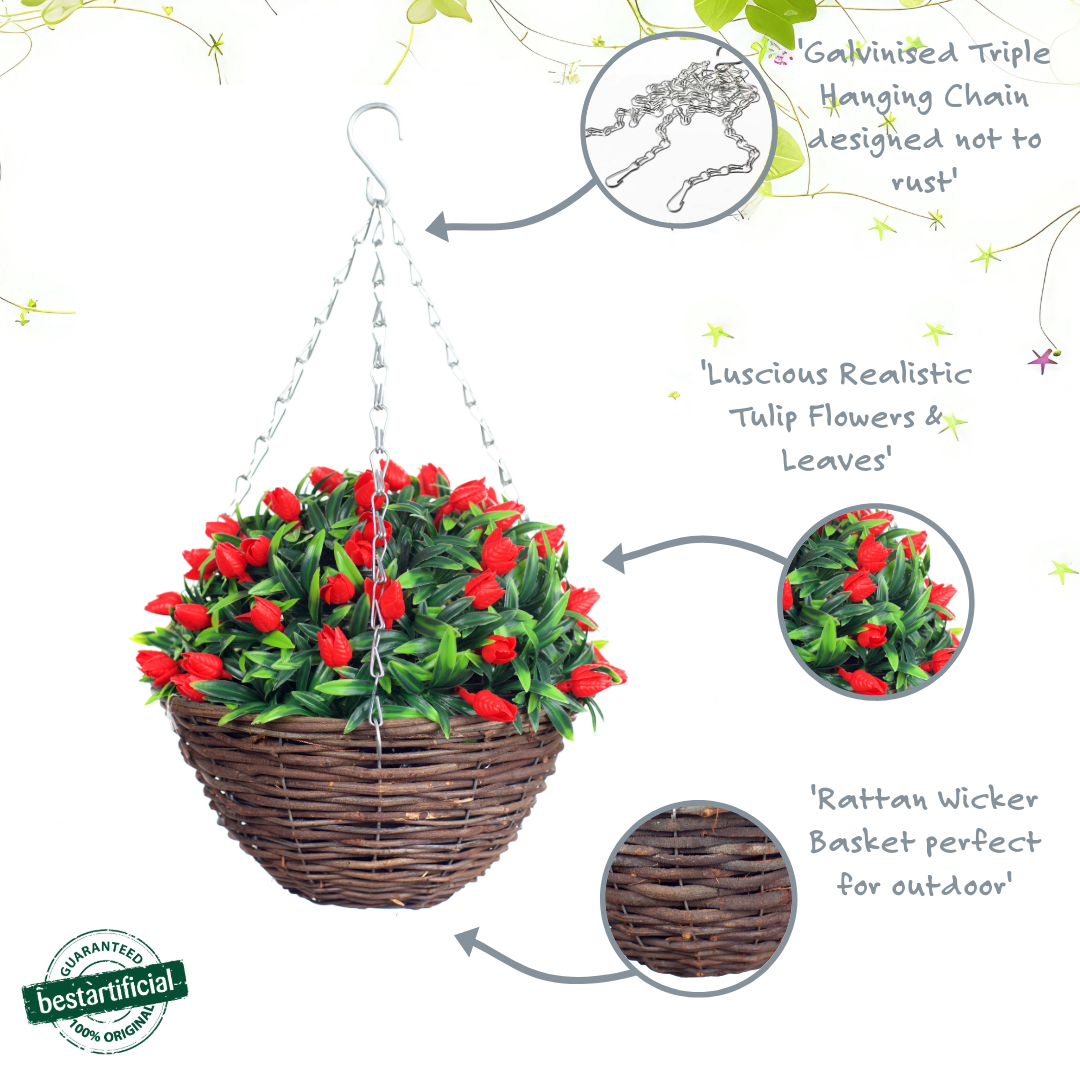 Best Artificial 28cm Tulip Flower Display in 10" Wicker Rattan Basket - Suitable for Outdoor, Indoor and Garden (Red)