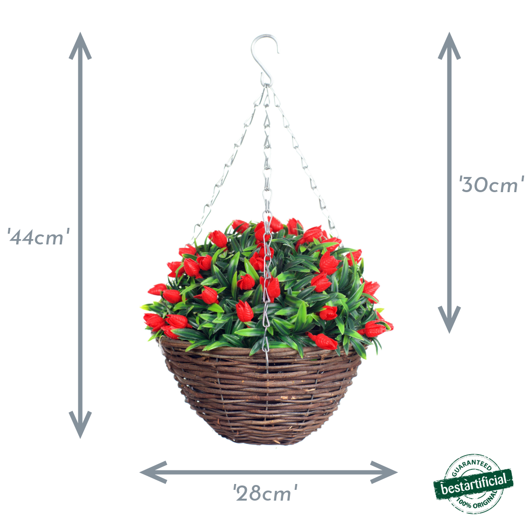 Best Artificial 28cm Tulip Flower Display in 10" Wicker Rattan Basket - Suitable for Outdoor, Indoor and Garden (Red)
