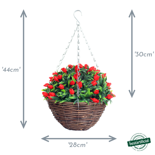Best Artificial 28cm Tulip Flower Display in 10" Wicker Rattan Basket - Suitable for Outdoor, Indoor and Garden (Red)