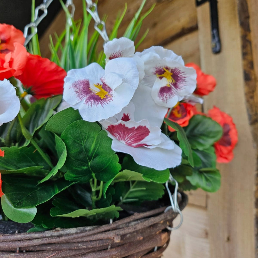 Pair Of Best Artificial 10 inch Pansy and Geranium Hanging Baskets - Suitable for Outdoor Use - Weather Resistant (Red & White)