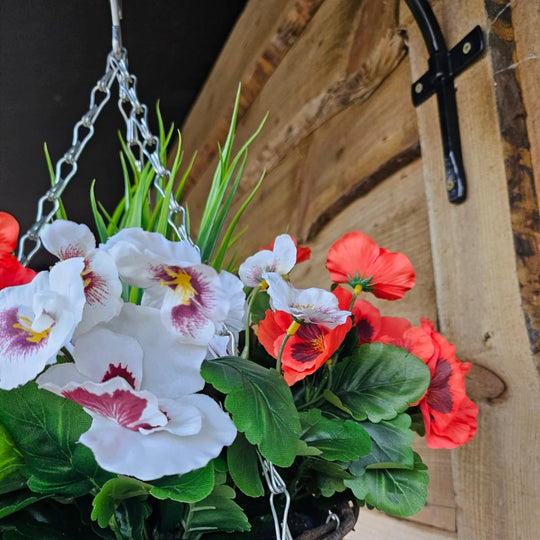 Pair Of Best Artificial 10 inch Pansy and Geranium Hanging Baskets - Suitable for Outdoor Use - Weather Resistant (Red & White)
