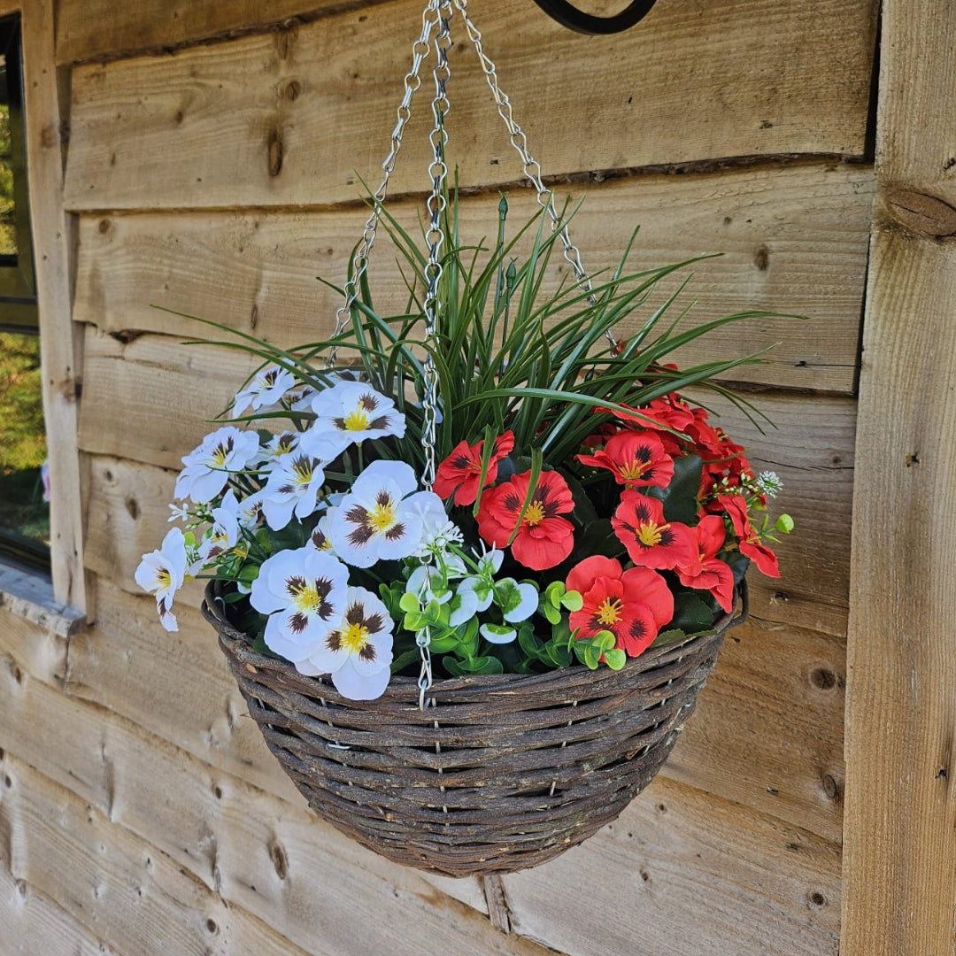 Best Artificial Red & White Pansy Display in 14 inch Round Wicker Hanging Basket - Suitable For Outdoors