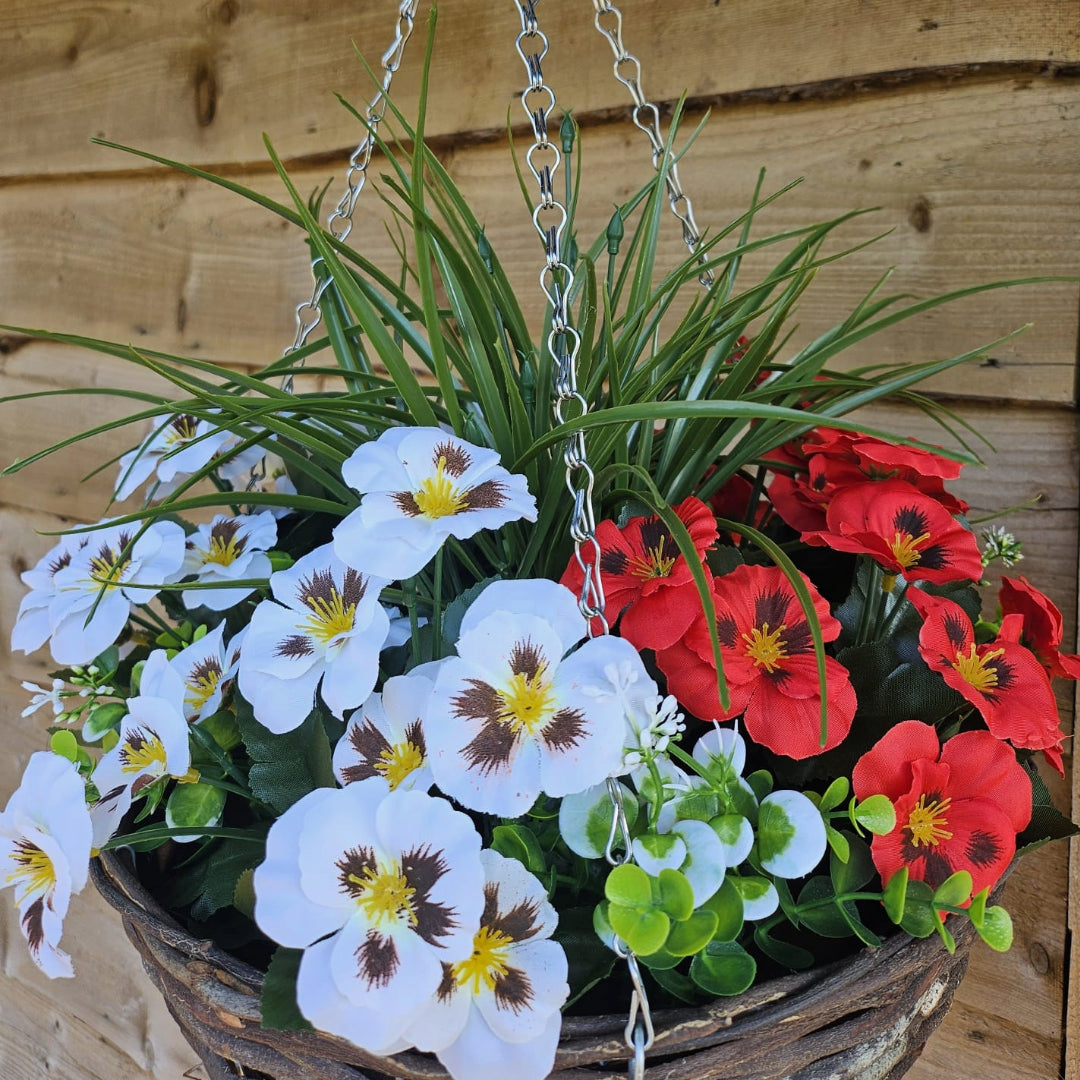 Best Artificial Red & White Pansy Display in 14 inch Round Wicker Hanging Basket - Suitable For Outdoors