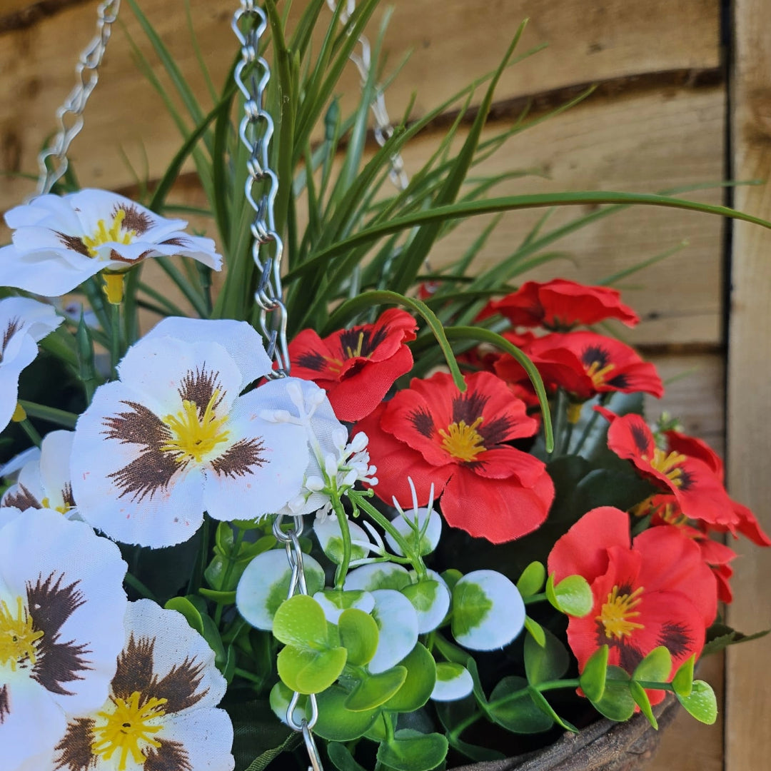 Best Artificial Red & White Pansy Display in 14 inch Round Wicker Hanging Basket - Suitable For Outdoors