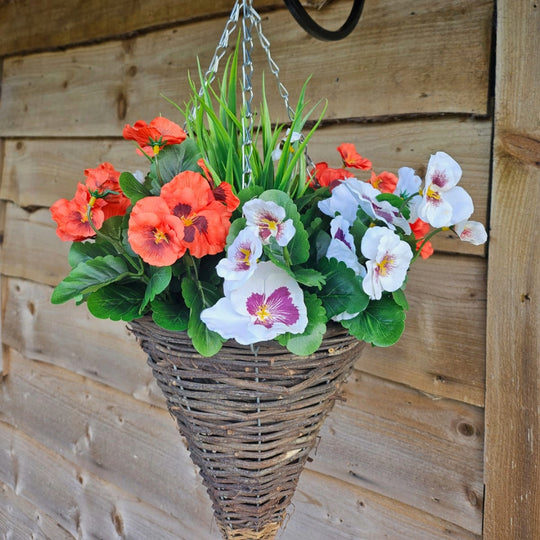 Pair of Best Artificial 30cm Pansy and Geranium Flower Displays in 10" Wicker Rattan Cone Baskets - Suitable for Outdoor, Indoor and Garden