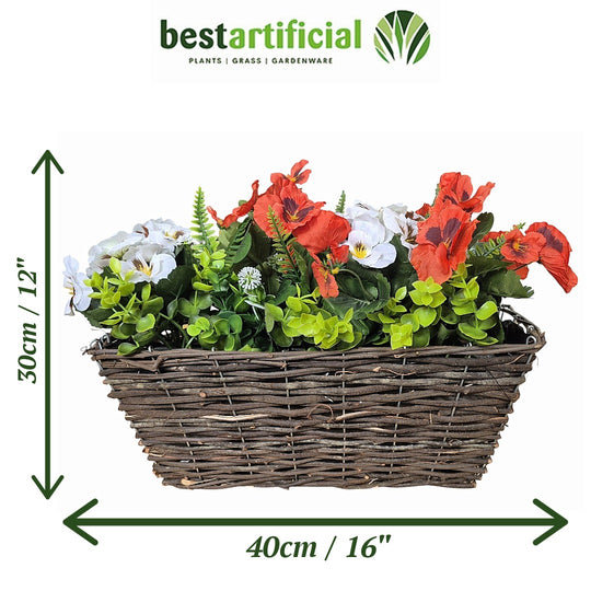 Best Artificial Pre-Made 40cm Pansy Flower Arrangement in Rattan Wicker Trough Pot - Suitable For Outside Use