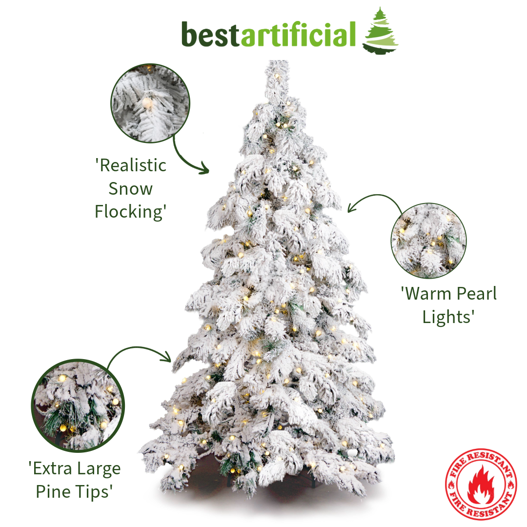 Best Artificial Battery Pre Lit Pearl LED Heavy Snow Flocked Arbol Christmas Tree With Extra Large Downward Sweeping Hinged Branches