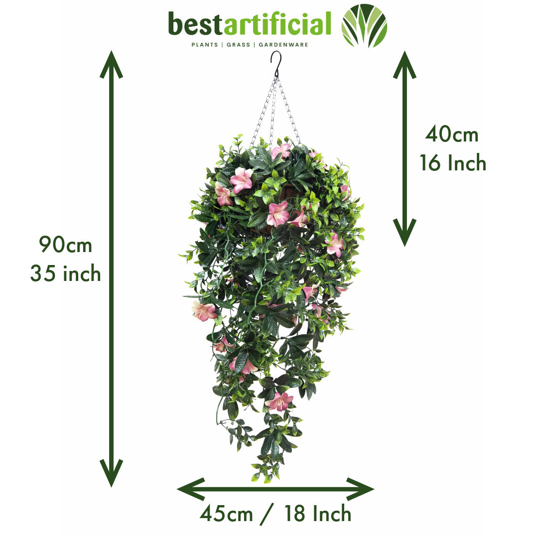 Best Artificial 90cm / 35 inch UV Stable Pink & White Trailing Azalea Hanging Basket with Cascading Flowers for Garden