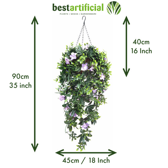 Best Artificial 90cm / 35 inch UV Stable Purple & White Trailing Azalea Hanging Basket with Cascading Flowers for Garden