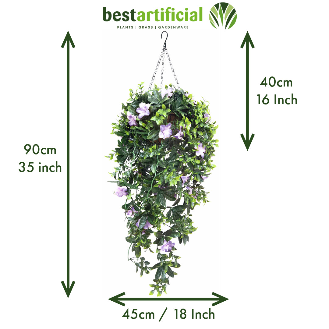 Best Artificial 90cm / 35 inch UV Stable Purple & White Trailing Azalea Hanging Basket with Cascading Flowers for Garden