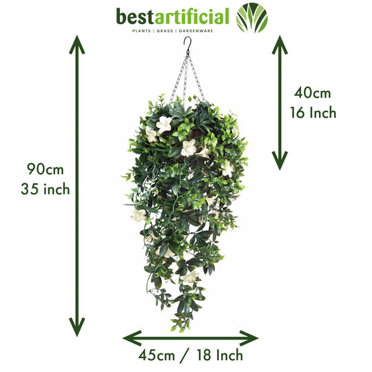 Best Artificial 90cm / 35 inch UV Stable White Trailing Azalea Hanging Basket with Cascading Flowers for Garden