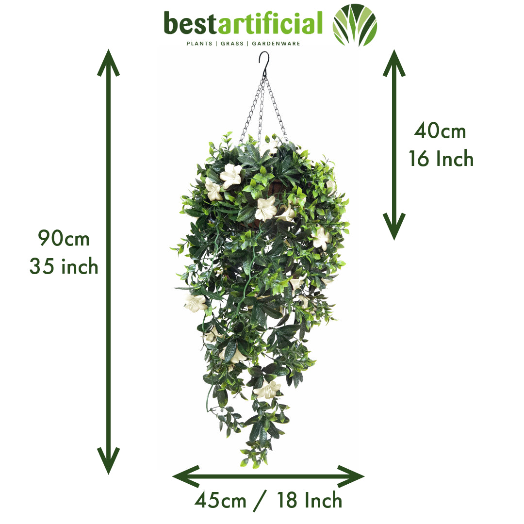 Best Artificial 90cm / 35 inch UV Stable White Trailing Azalea Hanging Basket with Cascading Flowers for Garden