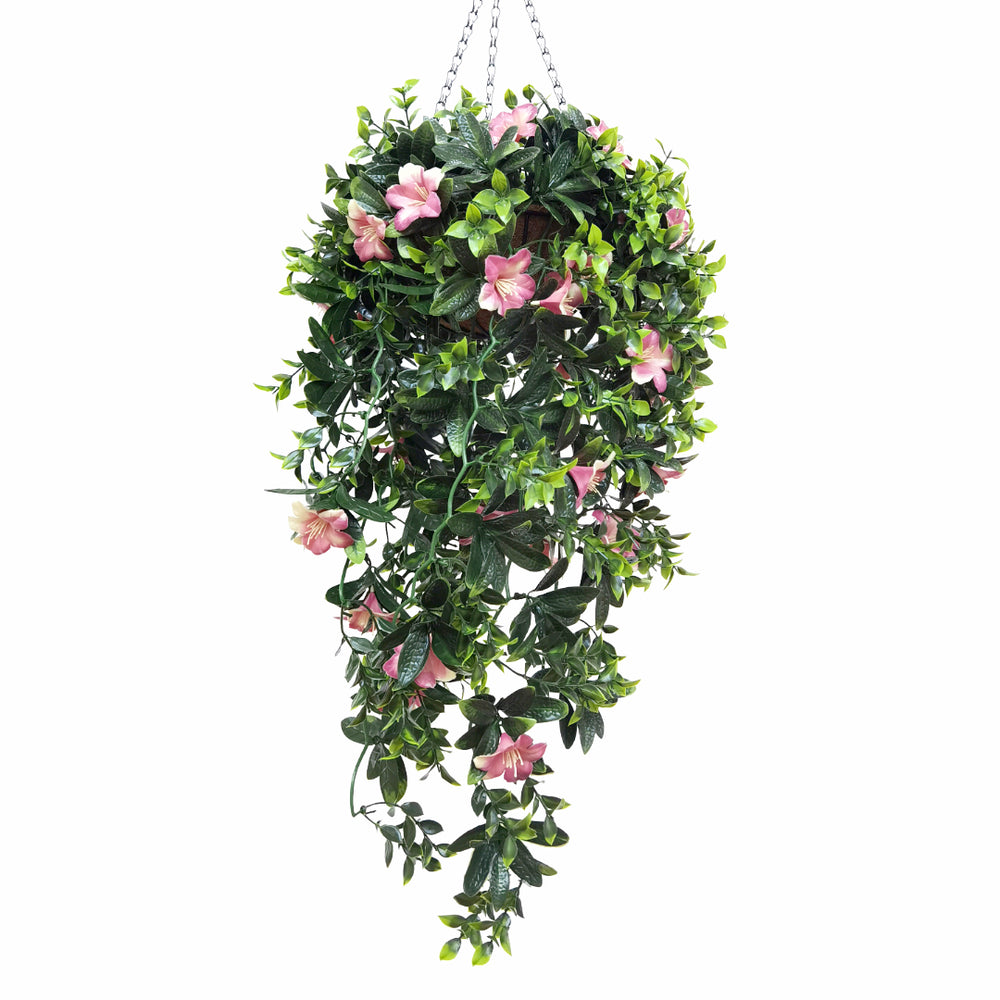 Best Artificial 90cm / 35 inch UV Stable Pink & White Trailing Azalea Hanging Basket with Cascading Flowers for Garden - front view