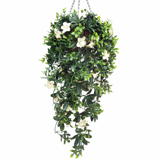 Best Artificial 90cm / 35 inch UV Stable White Trailing Azalea Hanging Basket with Cascading Flowers for Garden