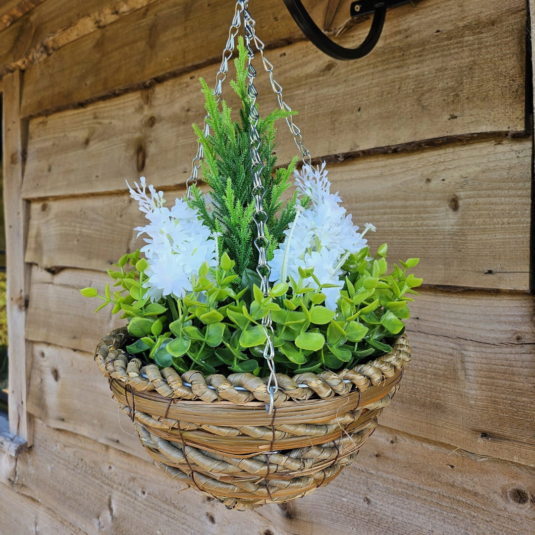 Best Artificial 10 inch Hyacinth Woven Hanging Basket - Suitable for Outdoor Use (White)