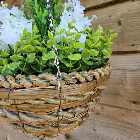 Best Artificial 10 inch Hyacinth Woven Hanging Basket - Suitable for Outdoor Use (White)