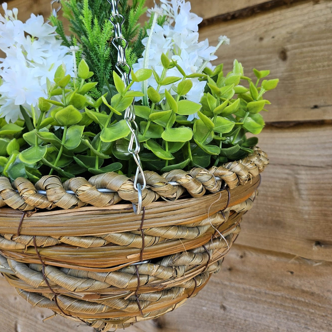 Best Artificial 10 inch Hyacinth Woven Hanging Basket - Suitable for Outdoor Use (White)