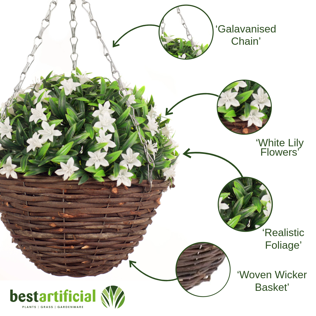 Pair Of Best Artificial 23cm Lily Hanging Baskets - Suitable for Outdoor Use - Weather Resistant (White)
