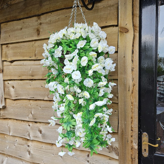 Best Artificial 75cm Morning Glory Flower Display in 10" Round Wicker Rattan Basket - Suitable for Indoor and Garden (Ivory)
