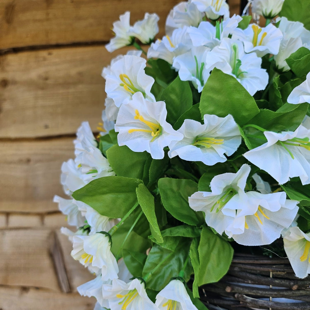 Best Artificial 60cm Morning Glory Flower Display in 10" Round Wicker Rattan Basket - Suitable for Outdoor, Indoor and Garden (Ivory)