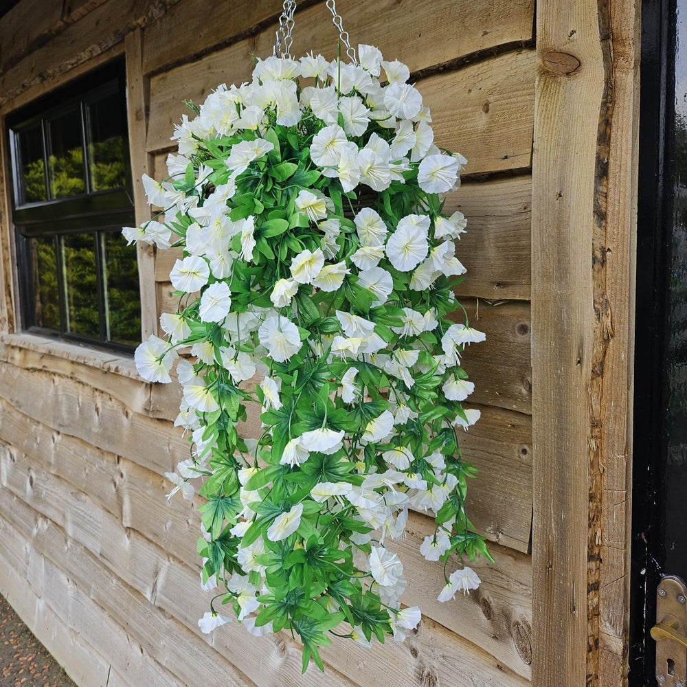 Best Artificial 75cm Morning Glory Flower Display in 10" Round Wicker Rattan Basket - Suitable for Indoor and Garden (Ivory)