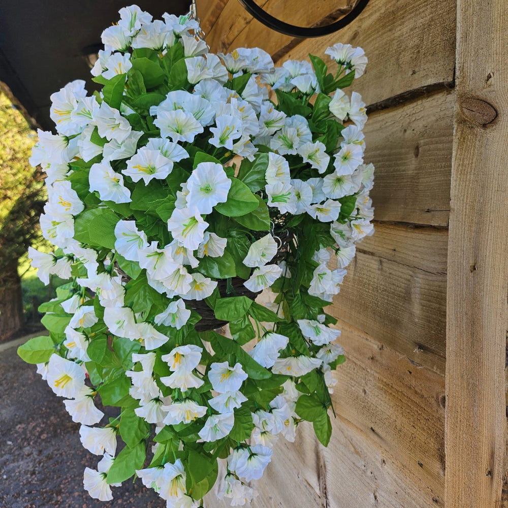 Best Artificial 60cm Morning Glory Flower Display in 10" Round Wicker Rattan Basket - Suitable for Outdoor, Indoor and Garden (Ivory)