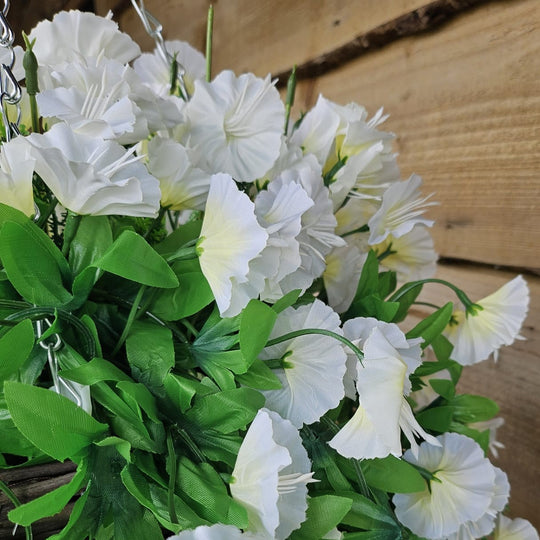 Best Artificial 75cm Morning Glory Flower Display in 10" Round Wicker Rattan Basket - Suitable for Indoor and Garden (Ivory)