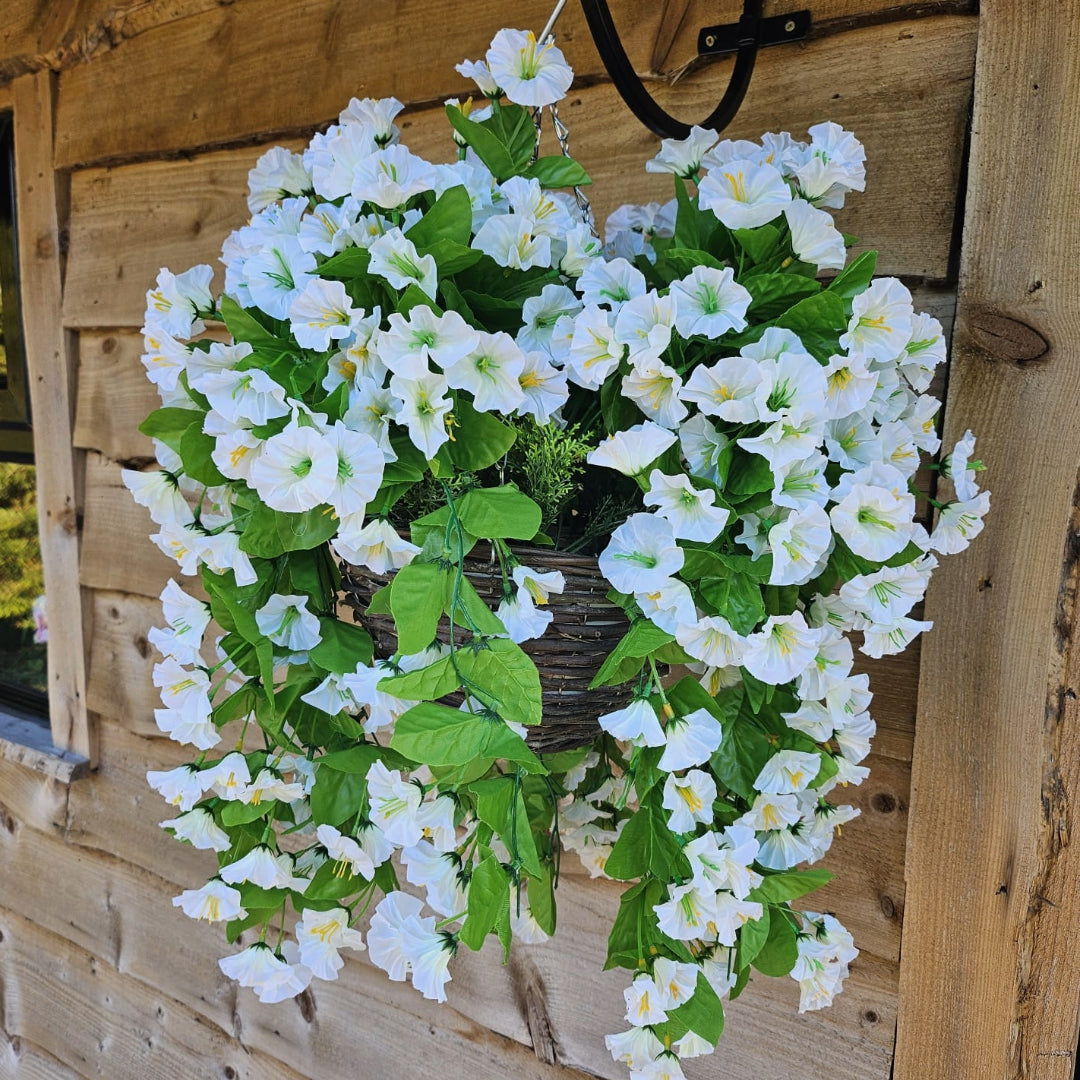 Best Artificial 28cm Morning Glory Flower Display in 10" Round Wicker Rattan Basket - Suitable for Outdoor, Indoor and Garden (Ivory)