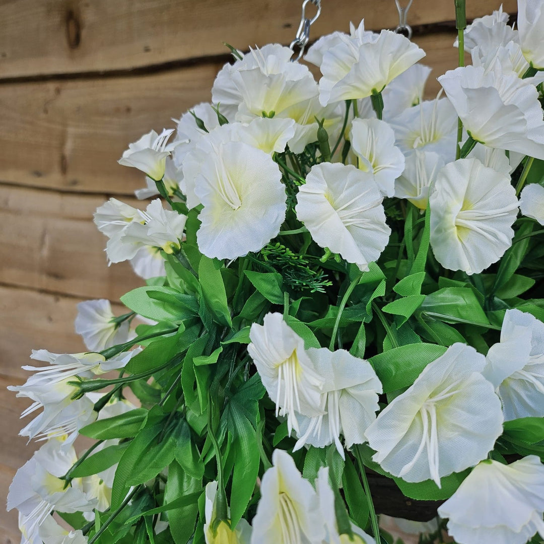 Best Artificial 75cm Morning Glory Flower Display in 10" Round Wicker Rattan Basket - Suitable for Indoor and Garden (Ivory)