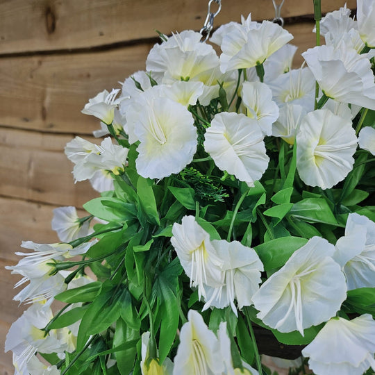Best Artificial 75cm Morning Glory Flower Display in 10" Round Wicker Rattan Basket - Suitable for Indoor and Garden (Ivory)