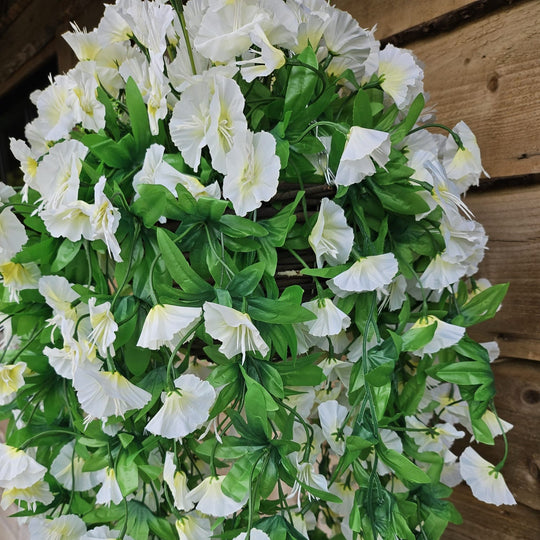 Best Artificial 75cm Morning Glory Flower Display in 10" Round Wicker Rattan Basket - Suitable for Indoor and Garden (Ivory)