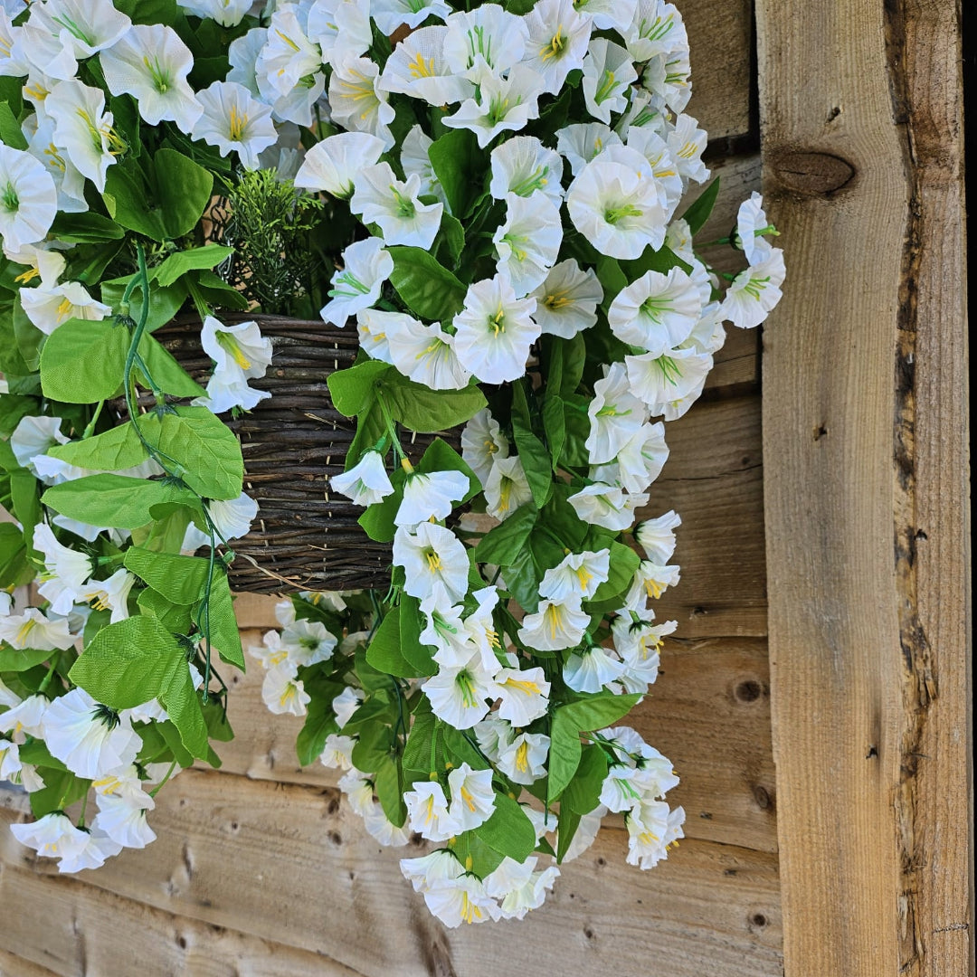 Best Artificial 28cm Morning Glory Flower Display in 10" Round Wicker Rattan Basket - Suitable for Outdoor, Indoor and Garden (Ivory)