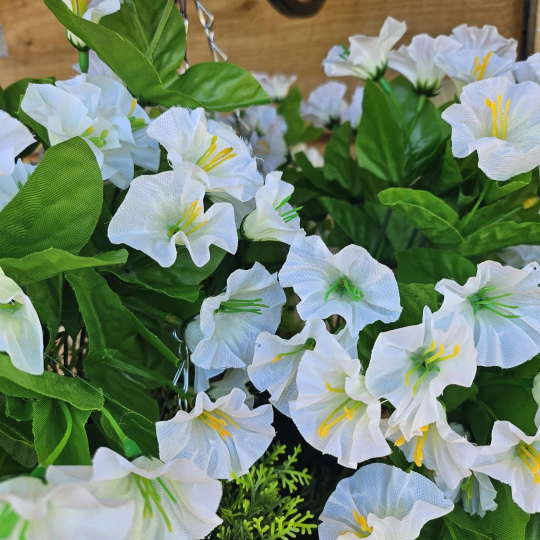 Best Artificial 28cm Morning Glory Flower Display in 10" Round Wicker Rattan Basket - Suitable for Outdoor, Indoor and Garden (Ivory)