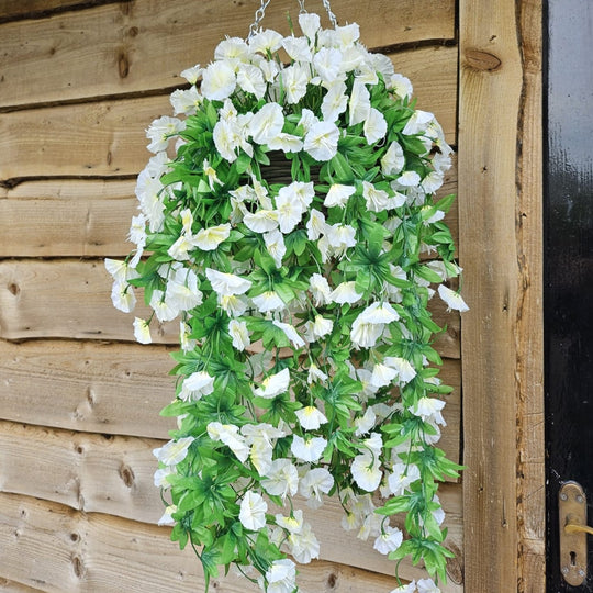 Best Artificial 75cm Morning Glory Flower Display in 10" Round Wicker Rattan Basket - Suitable for Indoor and Garden (Ivory)