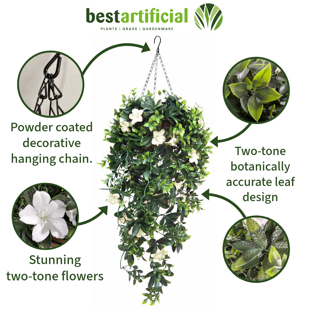 Best Artificial 90cm / 35 inch UV Stable White Trailing Azalea Hanging Basket with Cascading Flowers for Garden