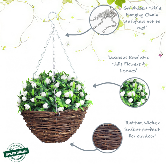 Best Artificial 28cm Tulip Flower Display in 10" Wicker Rattan Basket - Suitable for Outdoor, Indoor and Garden (White)