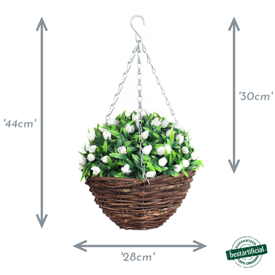 Best Artificial 28cm Tulip Flower Display in 10" Wicker Rattan Basket - Suitable for Outdoor, Indoor and Garden (White)