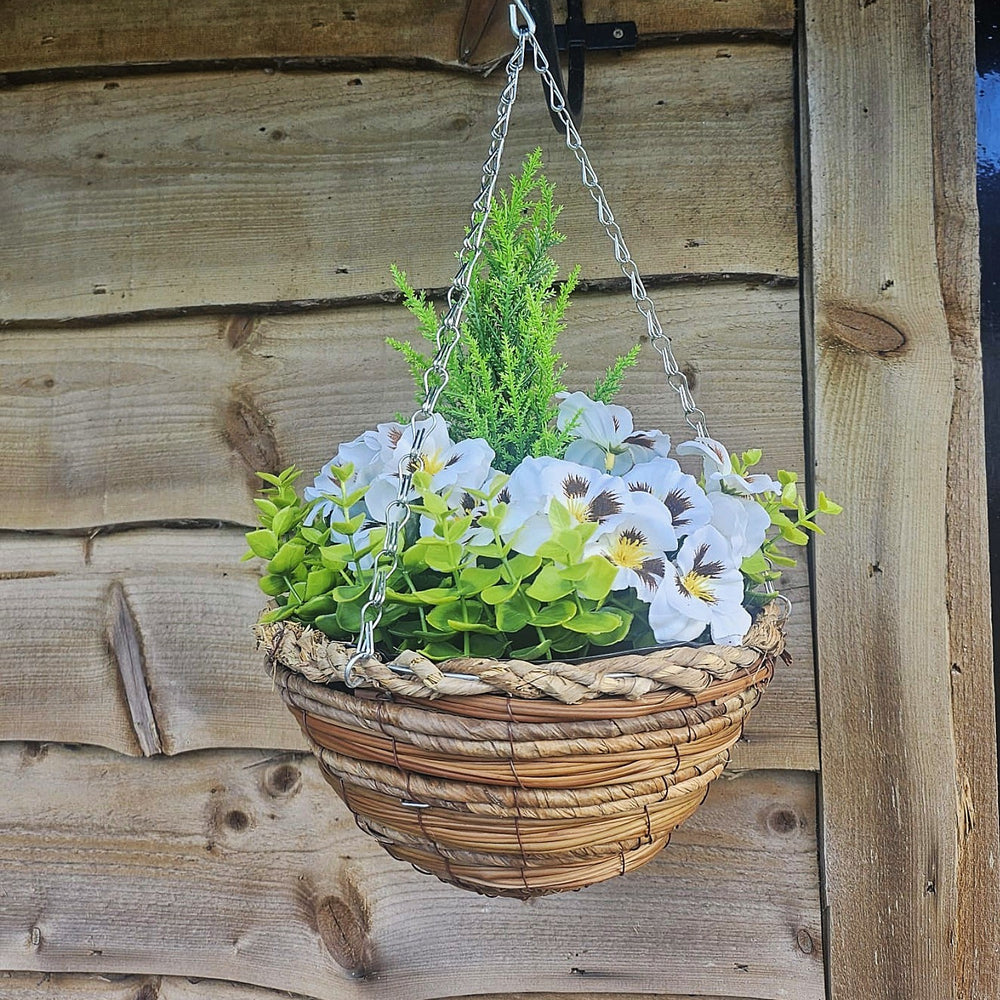 Best Artificial 10 Inch White Pansy Hanging Basket with Greenery and Conifer Centre