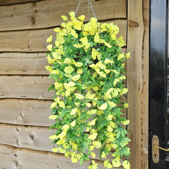 Best Artificial 75cm Morning Glory Flower Display in 10" Round Wicker Rattan Basket - Suitable for Indoor and Garden (Yellow)