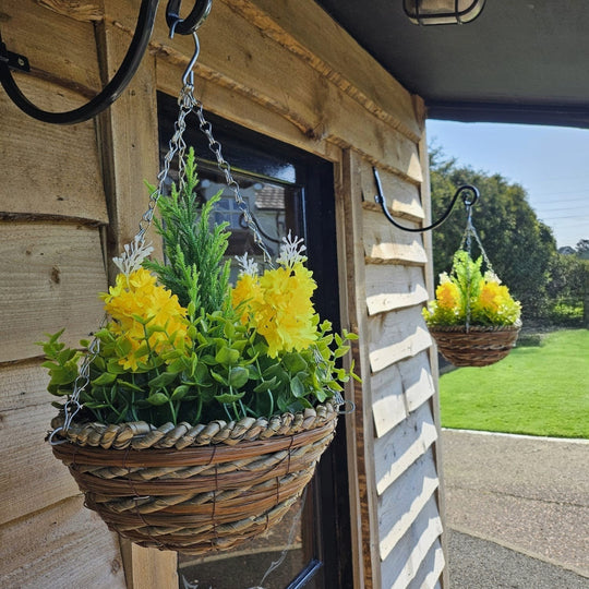 Pair Of Best Artificial Yellow Hyacinth Displays in 10 inch Woven Round Hanging Baskets - Suitable for Outdoor Use