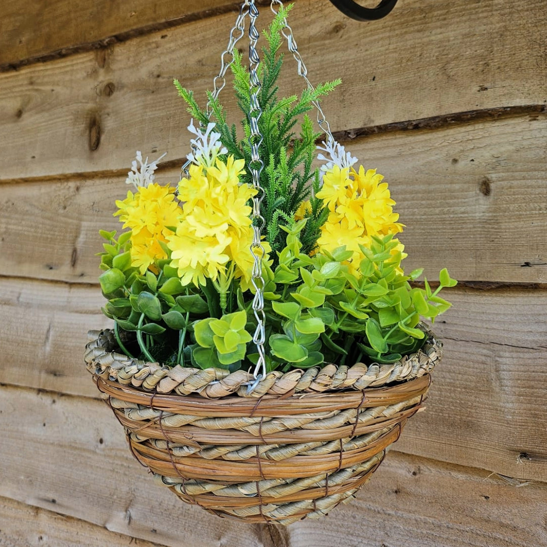 Pair Of Best Artificial Yellow Hyacinth Displays in 10 inch Woven Round Hanging Baskets - Suitable for Outdoor Use