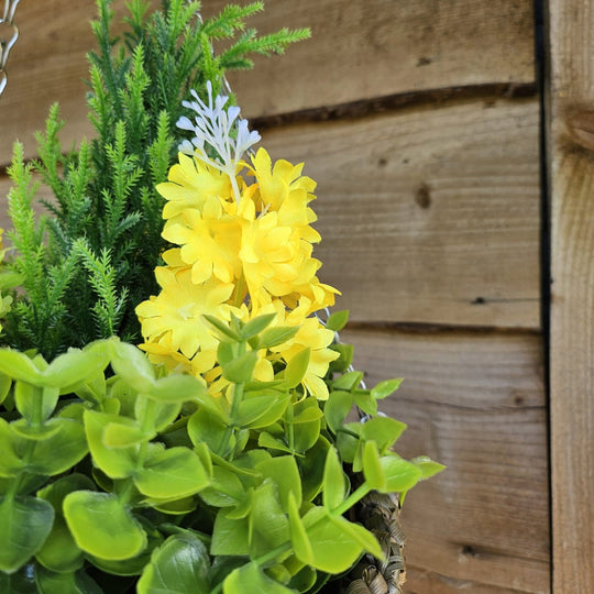 Pair Of Best Artificial Yellow Hyacinth Displays in 10 inch Woven Round Hanging Baskets - Suitable for Outdoor Use