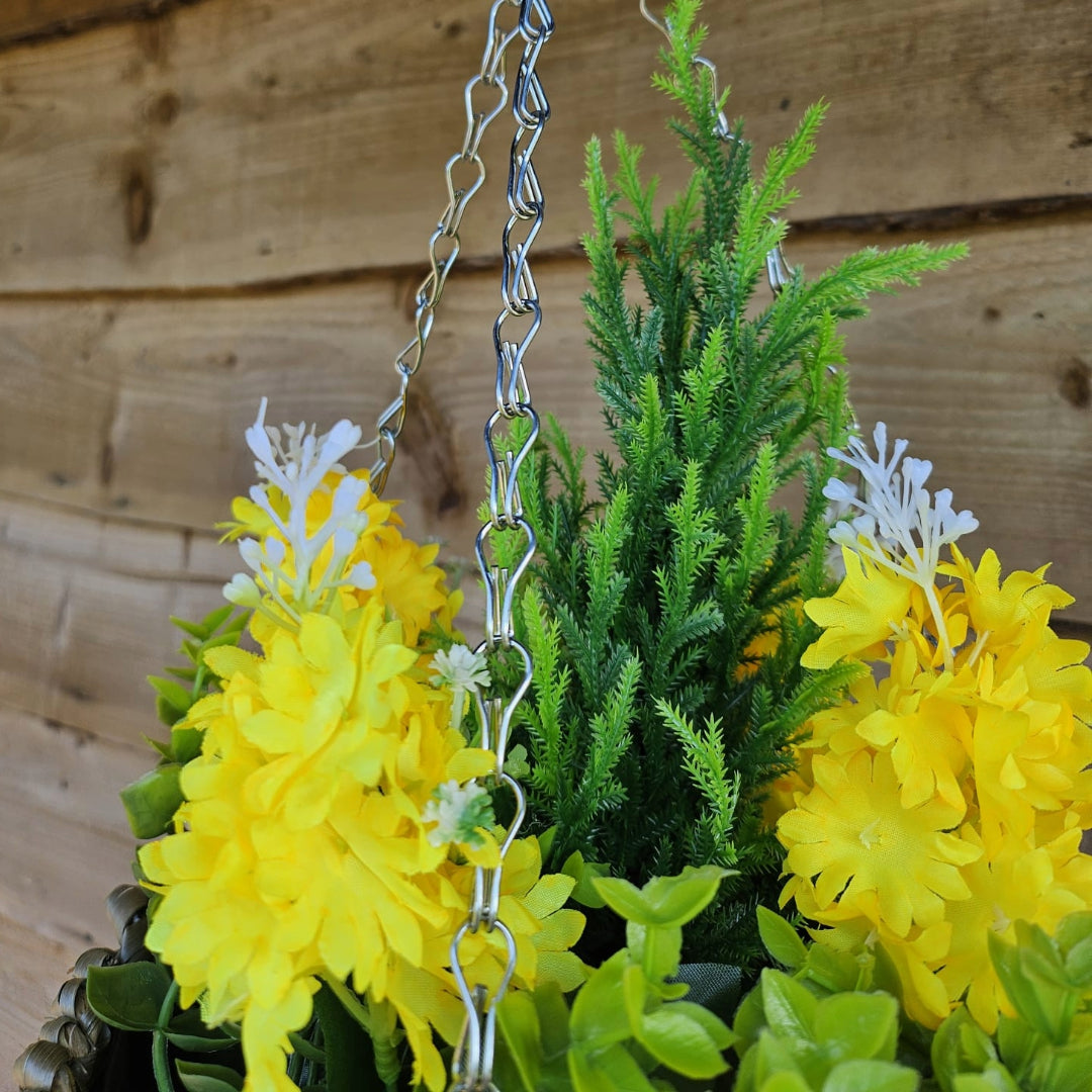 Pair Of Best Artificial Yellow Hyacinth Displays in 10 inch Woven Round Hanging Baskets - Suitable for Outdoor Use